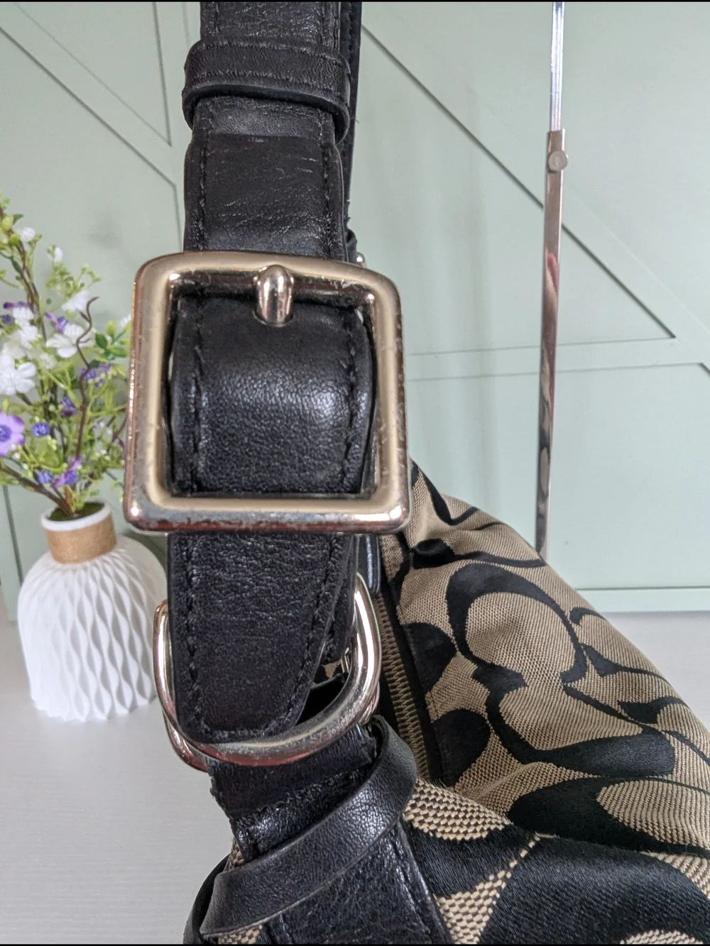 Coach Khaki and Black Signature Canvas Hobo with Tassel